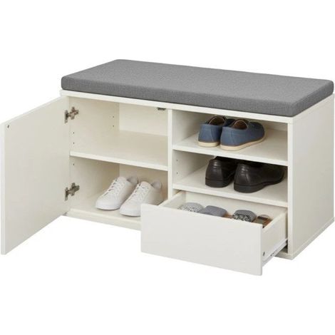 Scarpiera Panca d’Ingresso con Seduta Imbottita in Legno Naturale Bianco