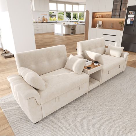 Divano letto estraibile a U con portabicchieri beige OKMYHOME (1/5)