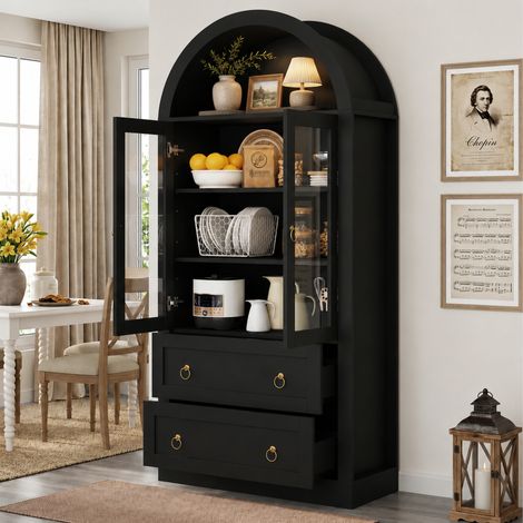 Armoire de rangement haute cintrée (80 x 36 x 170 cm) avec tiroirs et portes, pour cuisine et salon, portes vitrées, noire (1/5)