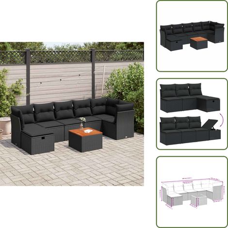 The Living Store 8-tlg. Garten-Sofagarnitur mit Kissen Schwarz Poly Rattan - Gartensorte - Gartenmöbelset - Esstischgarnitur - Lounge Set - Outdoor Sofa (1/5)