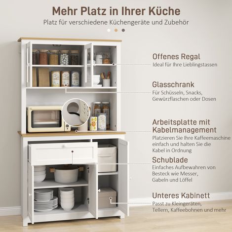 Buffet campagnard avec 1 vitrine, 1 étagère ouverte, 1 tiroir, 2 armoires, bois naturel et blanc (1/5)