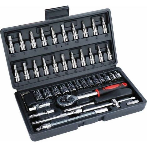 Jeu de Douille 1/4 46 Pièces Douille de Clé Dynamométrique Acier Carbone Coffret de Clés à Douille Avec Cliquets,Clé à (1/5)