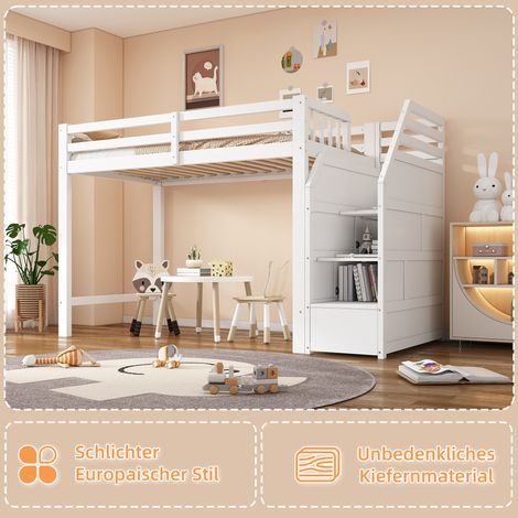 Lit surélevé 90x200 cm avec sommier à lattes intégré, sans matelas, barrière de protection, échelle rétractable, zone dressing sous le lit, conforme norme EN747, teinte blanche (1/5)
