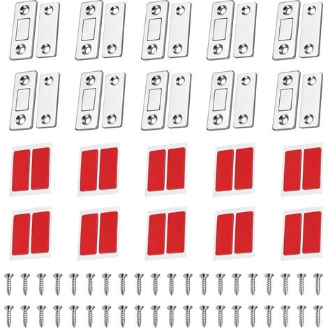 10Pcs Aimant Porte Placard Loquet Magnetique, Très Mince Aimant avec Adhésif et Vis, Fermeture Aimantée Loquets Magnétiques Ultrac Mince pour Tiroirs, Portes Coulissantes, Porte Placard (1/5)