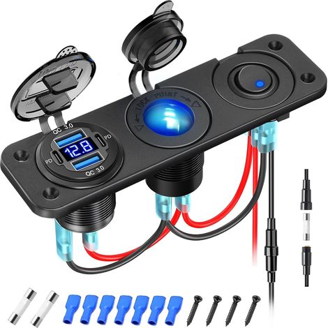 Enchufe de 12 voltios, 3 en 1 marina de panel de conmutación combinación con 4 puertos USB, doble PD y puertos USB QC3.0 de aluminio, cargador de coche de 150 W, panel de cargador con (1/5)
