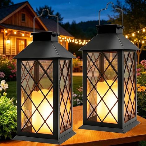 Lanterne Solaire Exterieur 2 Pièces 35cm Grande Lampe Solaire Jardin avec Bougie, Verre Trempé, Lampe de Table Étanche Suspension Lampe, Solaire Exterieur a Poser pour Balcon Jardin Noir (1/5)