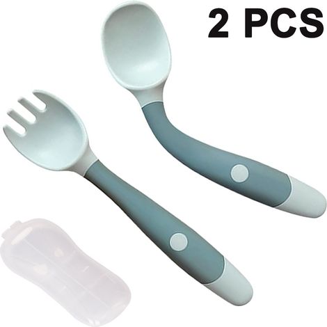 Ensemble cuillère et fourchette pour bébé, cuillère d'apprentissage incurvée en acier inoxydable, cuillère pour bébé, couverts pour enfants