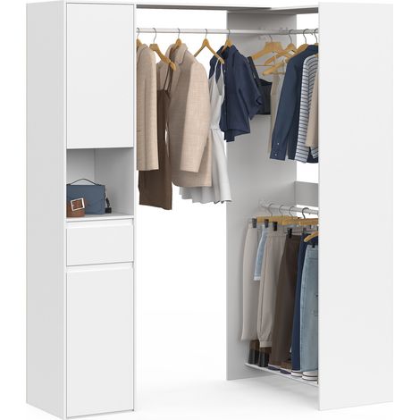 Modularer Eckkleiderschrank, Breite 145 / 203 cm, MELMAN, mit drei Kleiderstangen + Türen + Schublade + Regalböden, weiß (1/5)