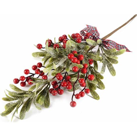 Rami di bacche rosse con foglie innevate e fiocco tartan, set da 4 pezzi, cm 36 H (con gambo 54)