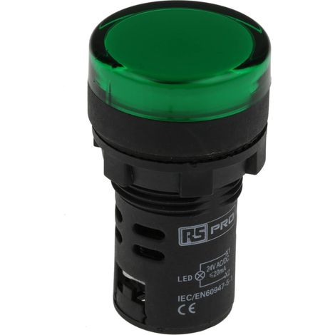 Rs Pro – Voyant lumineux LED vert 24V c.a. / V c.c. – Ø découpe 22mm – Montage panneau – IP65 pour environnements difficiles (1/4)
