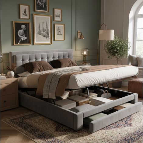 Cama tapizada estilo europeo 180x200 cm en terciopelo gris, con cabecero regulable y arcón elevable (1/5)