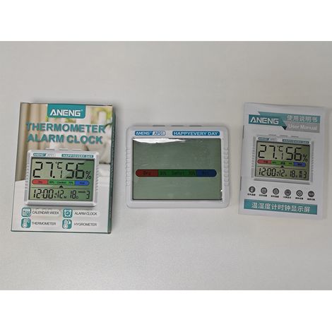 Multifunktionales Thermometer-Hygrometer mit Temperatur-, Feuchtigkeits-, Wecker-, Wochenkalenderanzeige, Komfort-Erinnerungsfunktion und 5-Minuten-Schlummerfunktion. (1/5)
