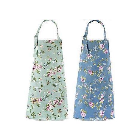 Küchenschürze für Damen – 2er-Pack, Baumwoll-Canvas-Schürze mit Blumenmuster, Schürze mit Taschen für Köchinnen (Grün & Blau)