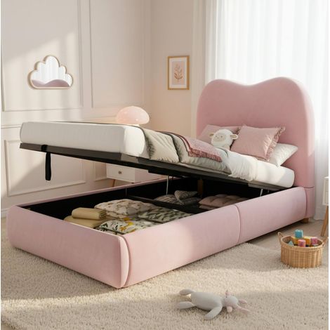 Letto imbottito per bambini 90x200 cm, contenitore idraulico, testiera imbottita, velluto rosa (1/5)