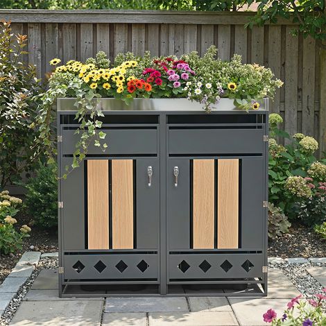 Mülltonnenbox , trash storage compartments,Abschließbar, Zwei Türen,Pflanzfläche,Türpaneel mit vertikaler Holzmaserung , Rautenförmiger Hohlsocke