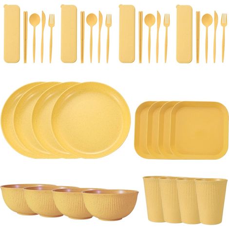 Service de table portable en paille de blé (bols, assiettes et tasses), couteau, fourchette, cuillère et baguettes portugaises. Ensemble de 36 pièces. (1/5)