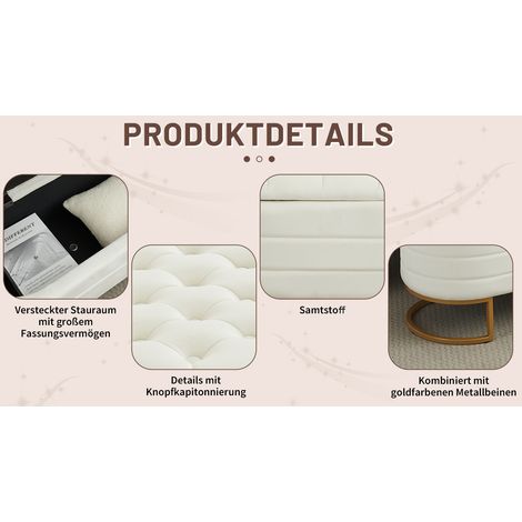 Panca contenitore in velluto beige con piedi in metallo dorato ventilata – MEUBLIV (1/5)