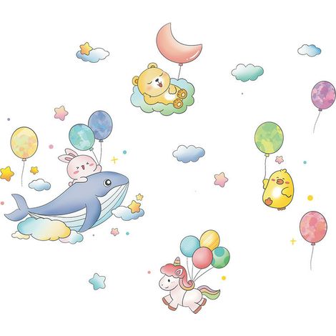 Papier peint dessin animé pour chambre à coucher, décoration murale autocollante pour chambre d'enfant, avec montgolfières, animaux et nuages ​​ convient à la décoration murale des chambres de bébé, d