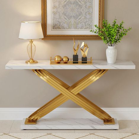 Konsolentisch für den Eingangsbereich – 140 x 33 x 80 cm – Konsolentisch mit Metallbeinen – für Eingangsbereich und Wohnzimmer – Weiß und Gold
