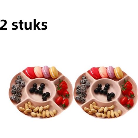 Lot de 2 assiettes à goûter compartimentées avec 5 compartiments réutilisables pour noix bonbons fruits secs et apéritifs couleur rose (1/5)