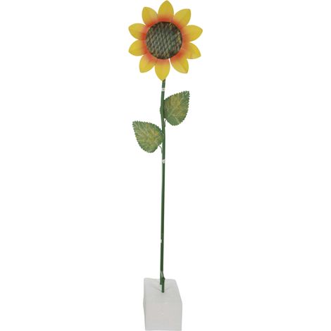 Adorno de jardín de metal con forma de girasol en una varilla.