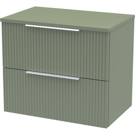 Tixall Fluted 2 Drawer Wall Hung Vanity Unit with Worktop, Satin Green, 600mm
