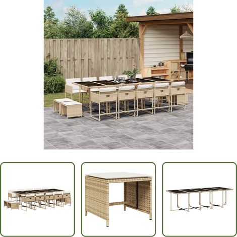 vidaXL Gartenstuhl - 15-tlg. Garten-Essgruppe mit Kissen Beige Poly Rattan (1/5)