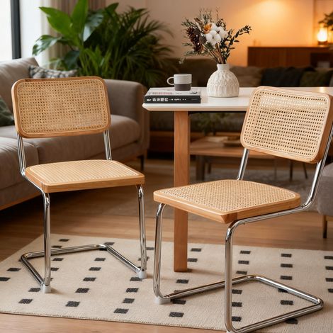 Lot de 2 Chaises Moyen Siècle - Design Cantilever et Cannage Rotin - Coussin confortable et Pieds Chromés - Idéal Salon et Cuisine, Naturel