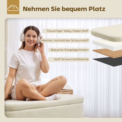 Coffre banco de rangement 65L, banquette en tissu teddy polaire, bois d'hévéa, 120x42x45 cm, beige (1/4)