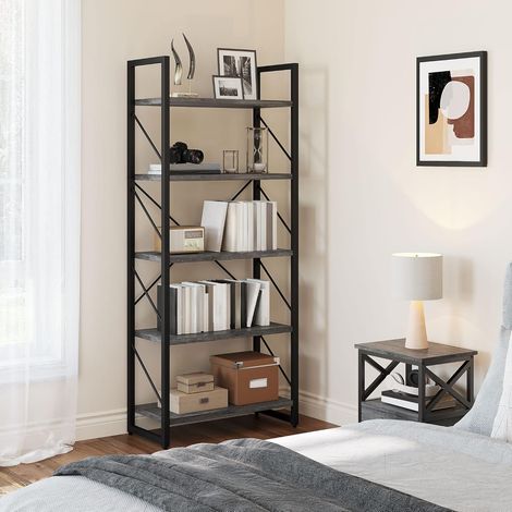Étagère à 5 Niveaux pour Livres, Films dans Le Salon, Le Bureau, Gris Anthracite + Noir (1/5)