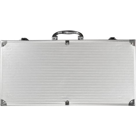 Lot de 38 ustensiles barbecue acier inoxydable avec mallette aluminium, thermomètre, gants, tapis grill pour camping extérieur, jardin, pique-nique (1/4)