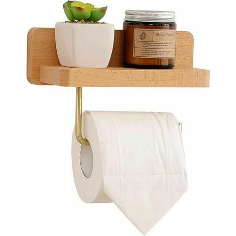 Wooden Toilet Paper Holder with Shelf, Self Adhesive Wall Mount Toilet Paper Holder for Bathroom MUMU (1/4)