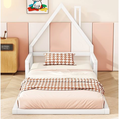 Letto per bambini in legno di pino e MDF bianco 90x200 cm, forma casetta, rete a doghe inclusa (1/5)