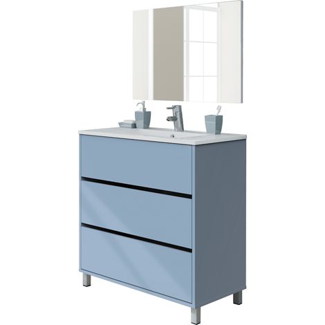 Pegane – Meuble de rangement de salle de bain bleu azur – 3 portes – Hauteur 88 cm x Longueur 81 cm x Profondeur 47 cm – Panneaux mélamine haute densité (1/4)
