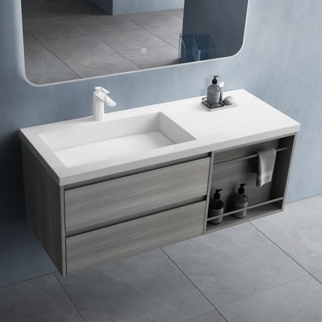 doporro Mobile Bagno sospeso 120x46x49cm, Mobiletto per Bagno con Lavabo, Marrone Scuro, Seria Open (1/5)
