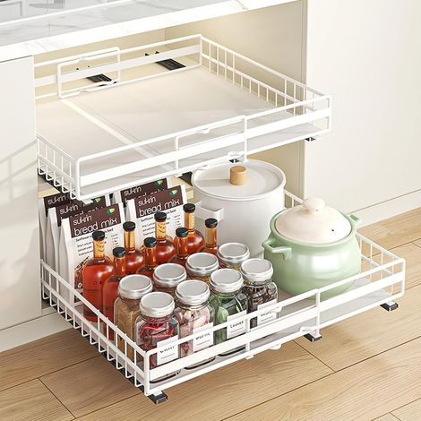 2 Pack Extendable Pull Cabinet Organizer, Telescopic Sliding Cabinet Organizer for Kitchen, Adjustable Width Cabinet Organizer (White) (1/5)