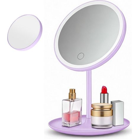 Miroir de Maquillage LED, Comprend Un Miroir Maquillage Grossissant 5 Fois, Rechargeable, Autonome, avec Espace de Rangement, Rotation à 90°, avec 3 Modes d'Éclairage de Couleur (Violet) (1/5)