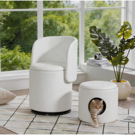 Poltrona 48x52x75 cm bianca con vano contenitore, velluto, 360°, sgabello incluso MEUBLIV (1/5)