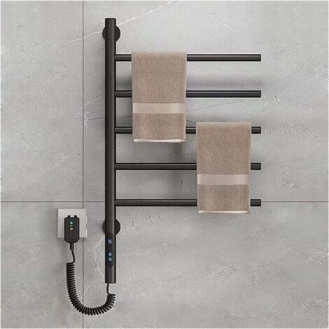 Sèche-serviettes électrique pivotant, étendoir mural, 5 pièces, en acier inoxydable, avec minuterie intégrée, autonomie de 1 à 8 heures, 82 W, noir (1/4)