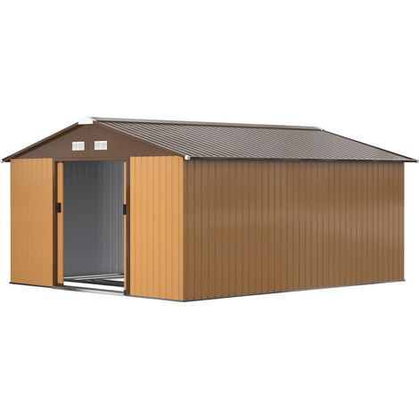 Cabane de jardin avec 2 portes coulissantes et 4 prises d'air en acier, 340x386x200cm, Jaune (1/5)