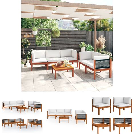 6-tlg. Garten-Lounge-Set mit Kissen Cremeweiß Massivholz Akazie (1/5)