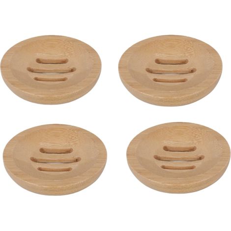 Lot de 4 porte-savons ronds en bois avec égouttoir, adaptés aux salles de bain, baignoires et lavabos. Dimensions : 8 x 8 x 1,3 cm. Couleur bois. (1/4)