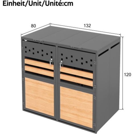 Comprend un couvercle de poubelle à charnières verrouillable, à double porte, avec découpes en losange et panneau horizontal en bois (1/5)
