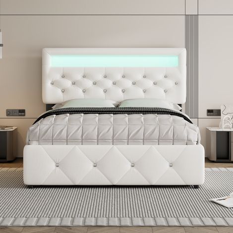 Lit rembourré 140×200cm (90×190cm),lit double plateforme,lit roulant + 2 tiroirs,table chevet lumineuse,blanc élégant