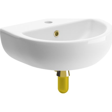 Signature Zeus Wall Hung Cloakroom Basin and Brushed Brass Bottle Trap 450mm Wide - 1 Tap Hole (1/2)
