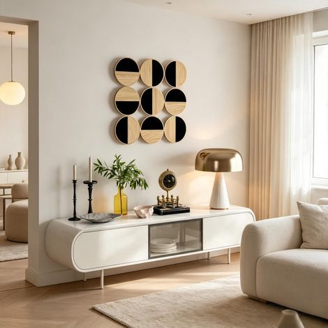 Decoración de pared metálica, escultura de pared metálica tridimensional con un diseño único compuesta por varios discos redondos (solo la decoración de pared metálica). (1/5)