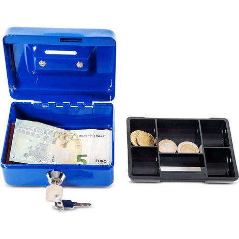 Caja de seguridad metálica portátil y con cerradura, de 12,5 x 9,5 x 6 cm, con ranura para monedas. Ideal como hucha, caja fuerte pequeña o cajón para dinero. Color azul. (1/5)