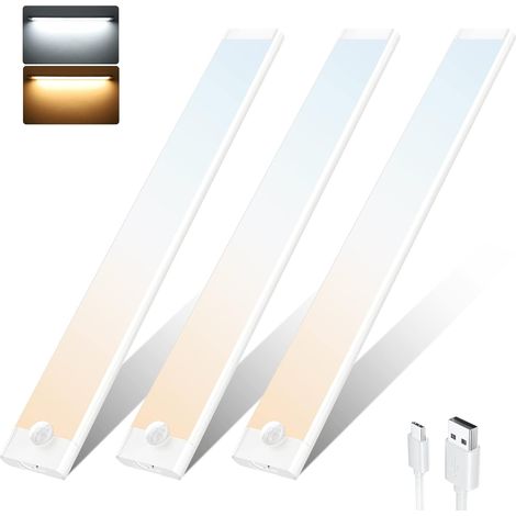 lampe detecteur de mouvement interieur, 3 Pack 2000mAh USB-C Rechargeable reglette led cuisine, 3 mode 2 Couleurs 72 LED Lampe de Placard pour Armoire Escalier Cuisine (1/5)