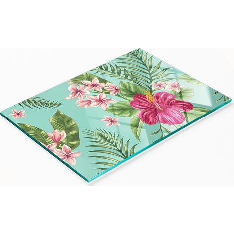 Tabla de cortar y servir decorativa de vidrio con dise帽o de flores hawaianas, 80x52 cm.