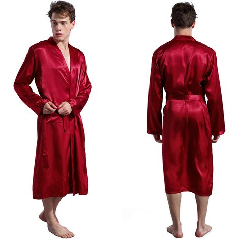 Peignoir d'été léger pour homme, style sauna, manches longues, avec ceinture, pyjama en soie, pyjama kimono, cadeau pour homme, rouge foncé (1/4)